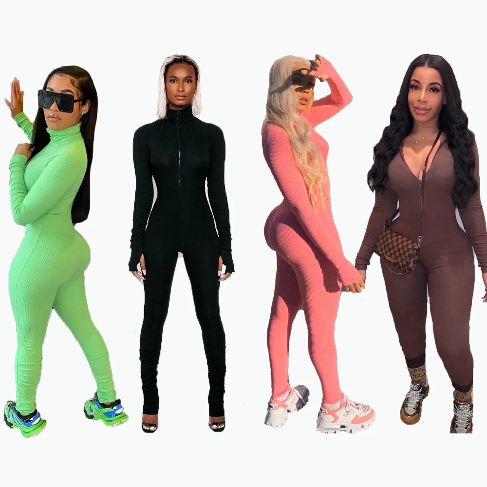  FF1001 Fall Knitting Zipper Solid Color Rompers 2021 Sexy High Collar Long Sleeves Club Wear Skinny Jumpsuit And Woman