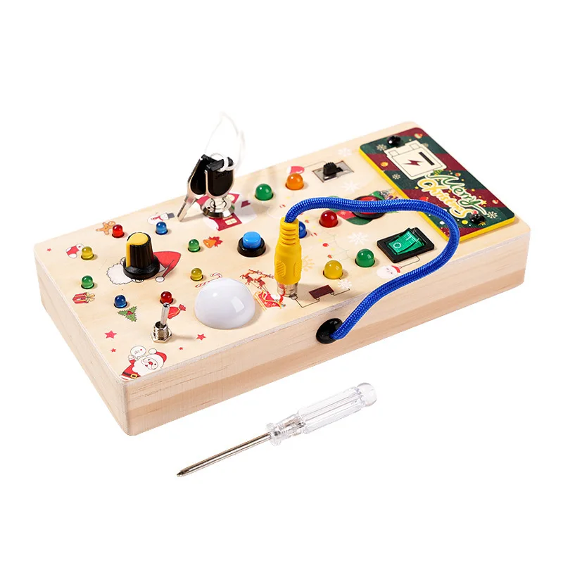 2023 CPC Chsirtmas Montessori Toddler  8 LED Light switches Sensory travel toys Baby Wooden Busy Board for kids