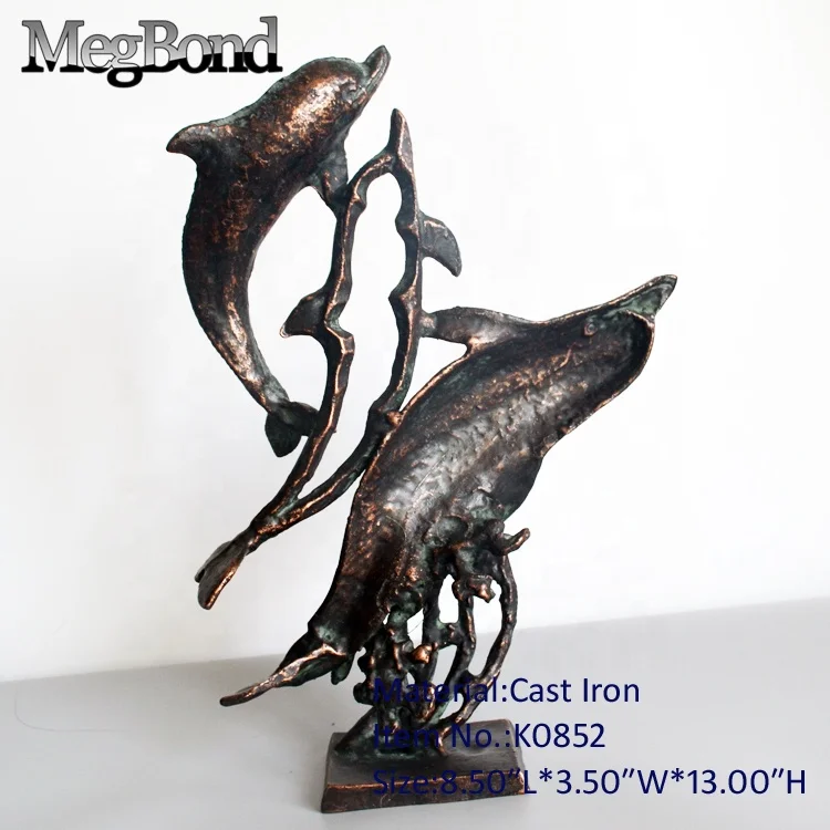 Metal dolphins desktop decor on marble base for home,  Abstract metal nautical fish sculpture