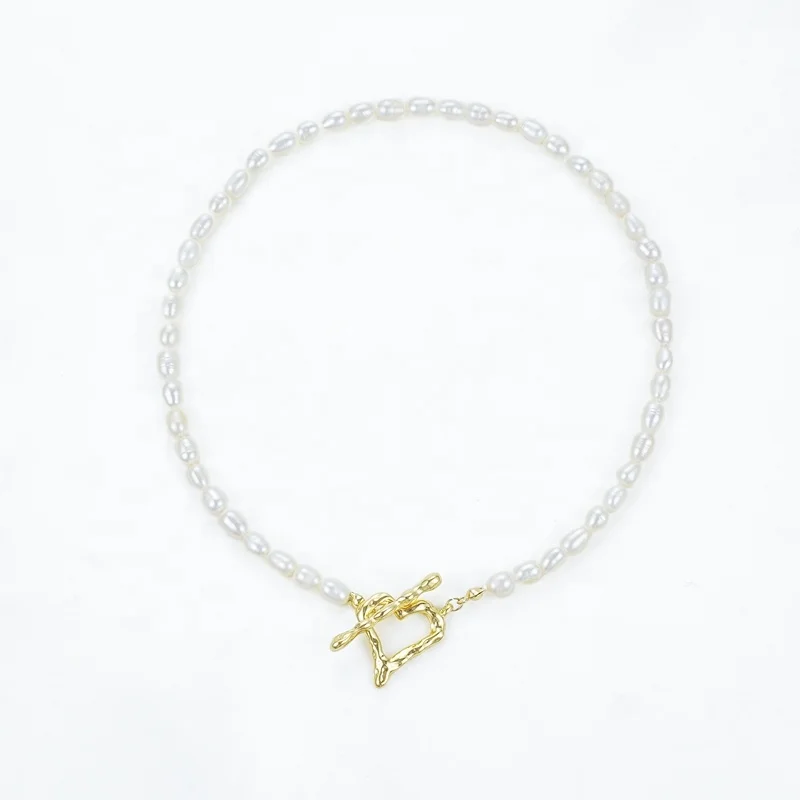 Wholesale Custom High Quality 18K Gold Brass Heart Buckle Fashion Jewelry Natural Freshwater Real Pearl Beaded Necklace Women