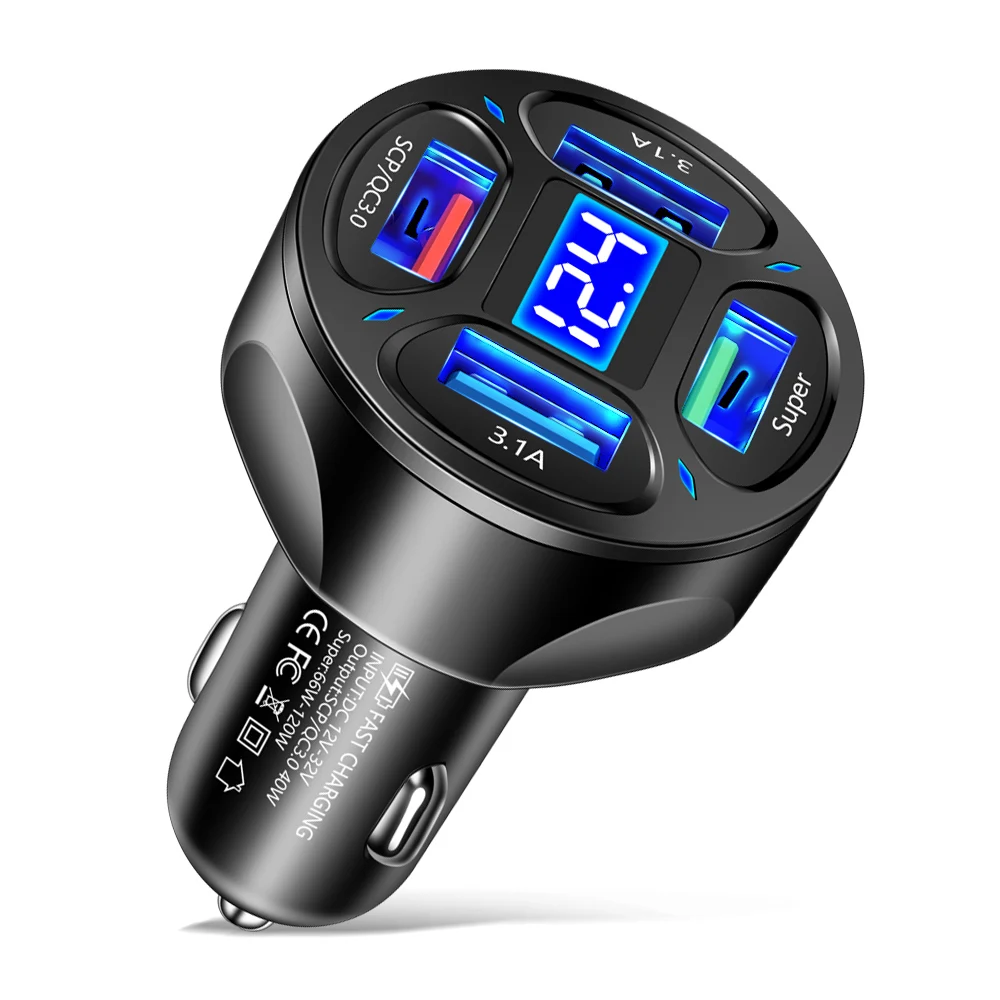 Car Battery Voltage Detection Digital Display Car Charger 4usb 4 Ports 66w Super Charge Fast Charging Pd Qc3.0 Car Phone Charger