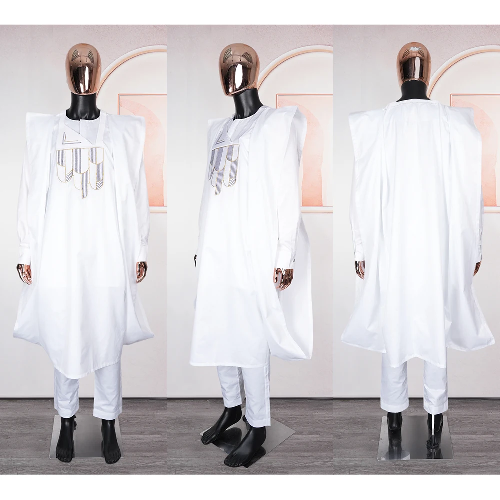 H & D New Style African Men Outfit Agbada Riche 100% Cotton Clothing Men Agbada Embroidery 3 Pieces Suit