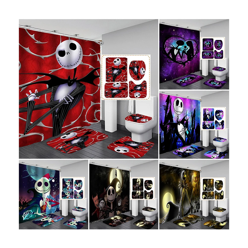 Best Sale 4pcs Cartoon Pattern Designers Custom Bathroom Shower Curtain with Bath Rugs and Mats Toilet Lid Cover