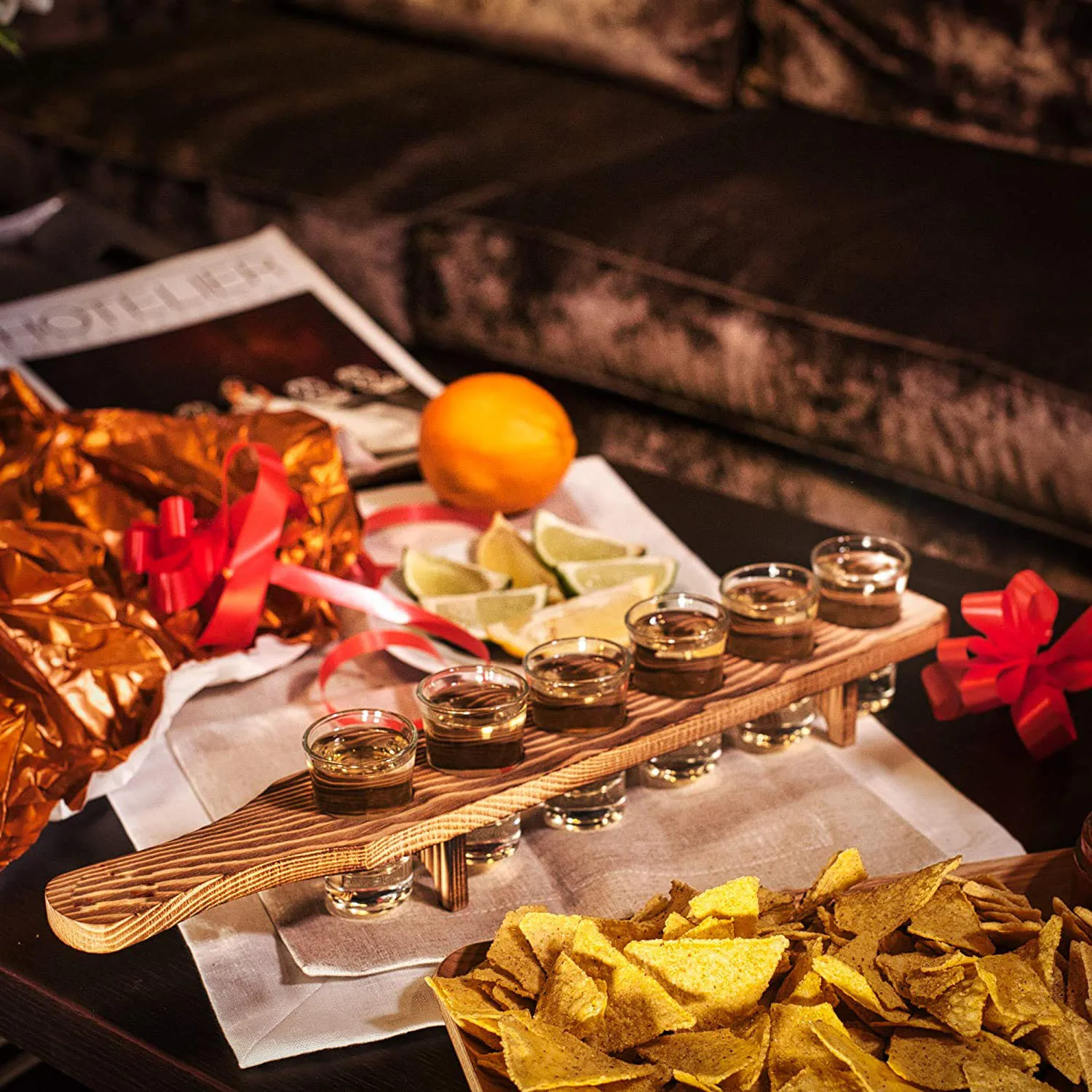 1.5oz/45ml Unique Rustic Wooden Holder Heavy Base Shot Glass for Whisky Tequila with Serving Tray