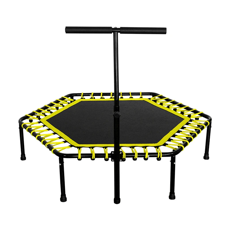 Professional mini hexagonal fitness multicolor elastic trampoline jumping bed without enclosure for kids with handrail