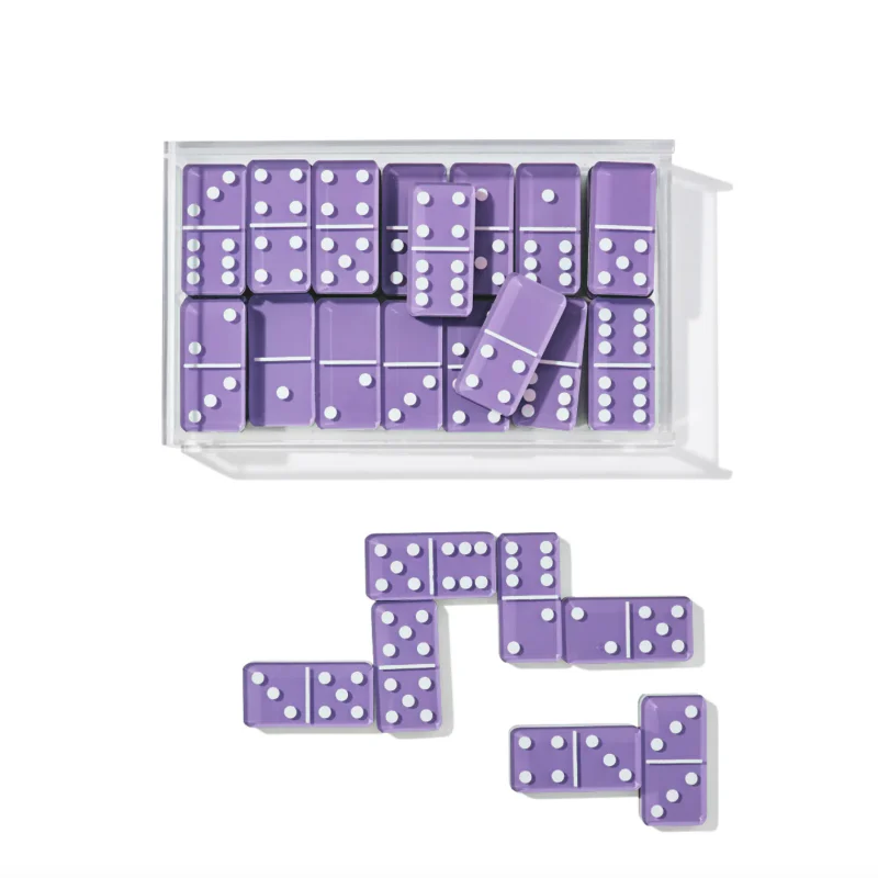 Custom Silk Screen Printing 28 pcs Dominoes Game Set Acrylic Tabletop Double Six Purple Dominoes Set with Storage Box