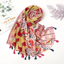 New colorful print floral long shawl tassel scarves women vintage viscose cotton scarf
