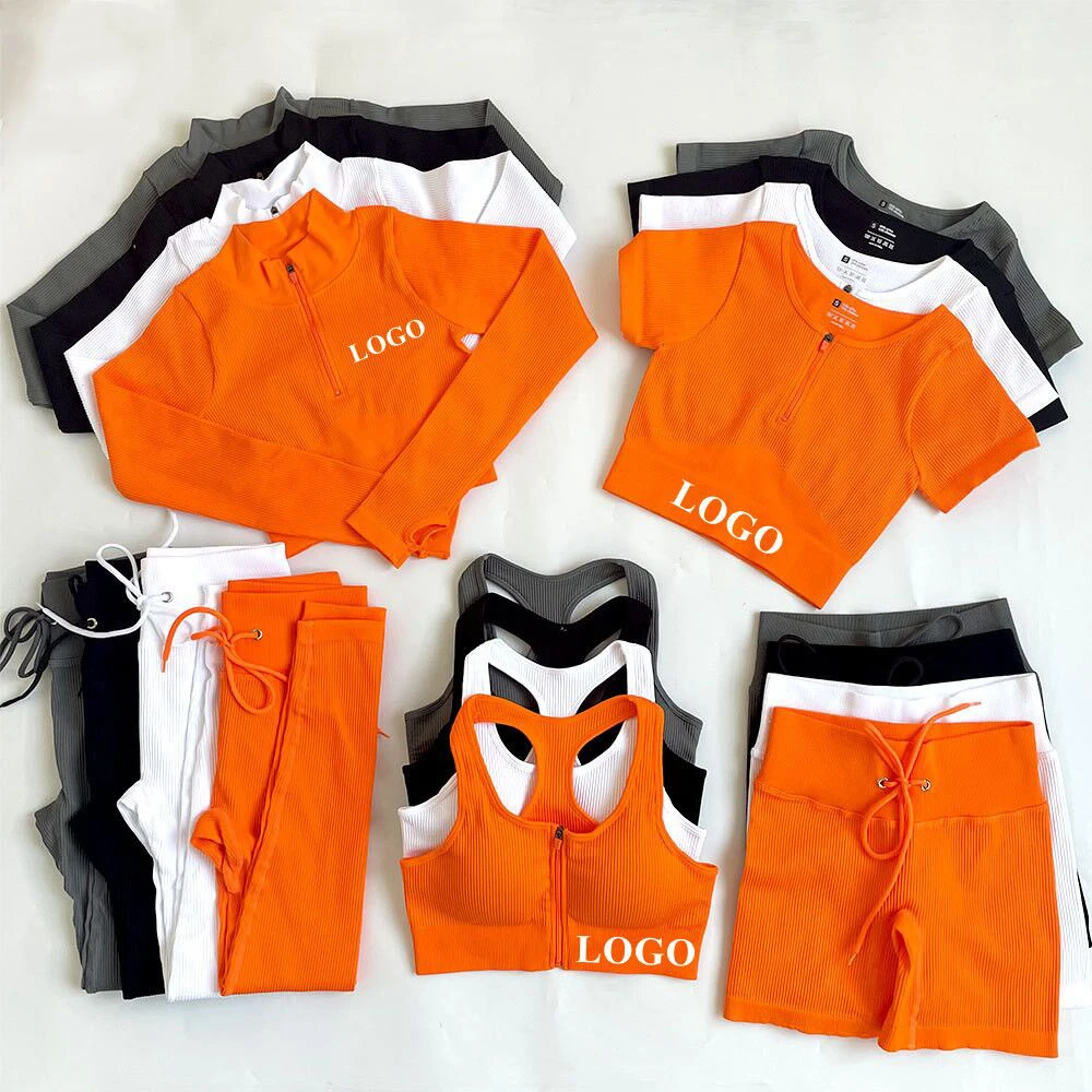 Custom Seamless Ribbed Sport Wear 5PC Yoga Outfit Workout Set Fitness Clothing Women Work Out Clothes