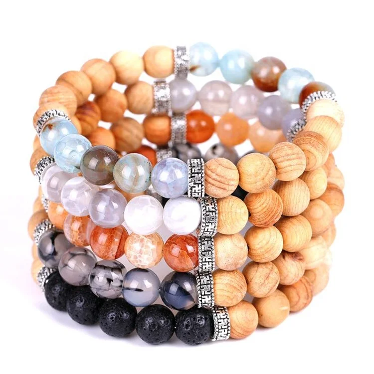 
Wholesales Hot sale bangles 8mm Cracked Agate and Unpolished Wooden Beads Lava Stone Diffuser Bracelet 