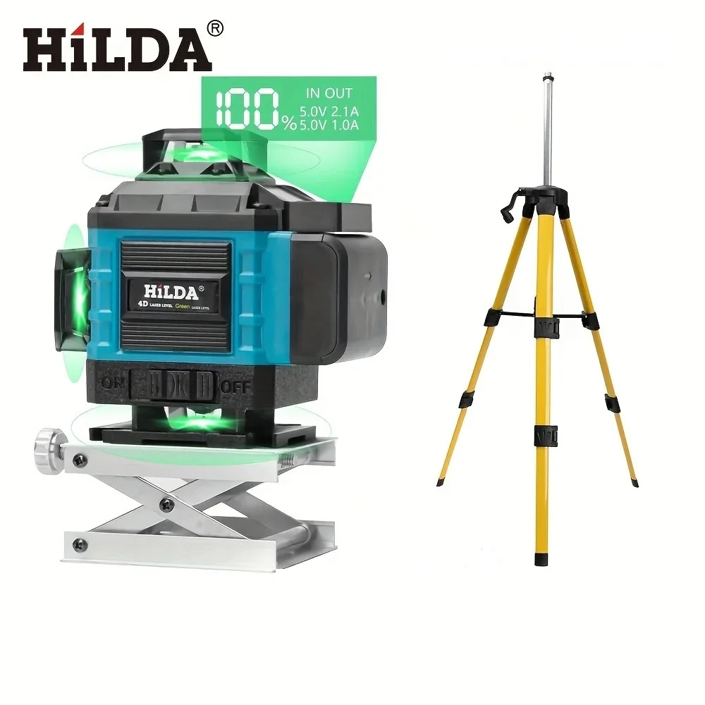 HILDA 16 Line Laser Level 360 Automatic Leveling Pocket Sized Laser Level Tool with 2 Batteries Plastic Box Yellow Tripod