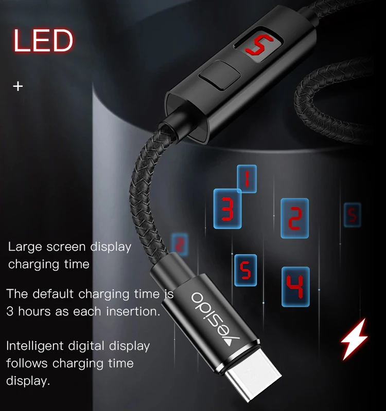 
Yesido Wholesale Data Cable Line Nylon Braided Intelligent Timing Cut Off Usb Charging Cable For Iphone 