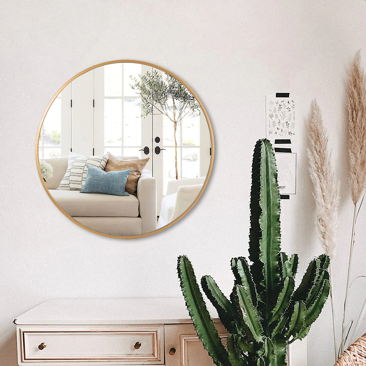 Modern Luxury Wall Mount Round Hanging Gold Makeup Mirror Frame Decorative Toilet Bathroom Living Room Decor