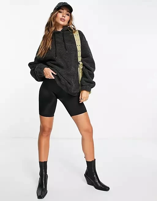 Custom logo oversized hoodie in borg fleece in charcoal Streetwear Pullover women borg hoodie