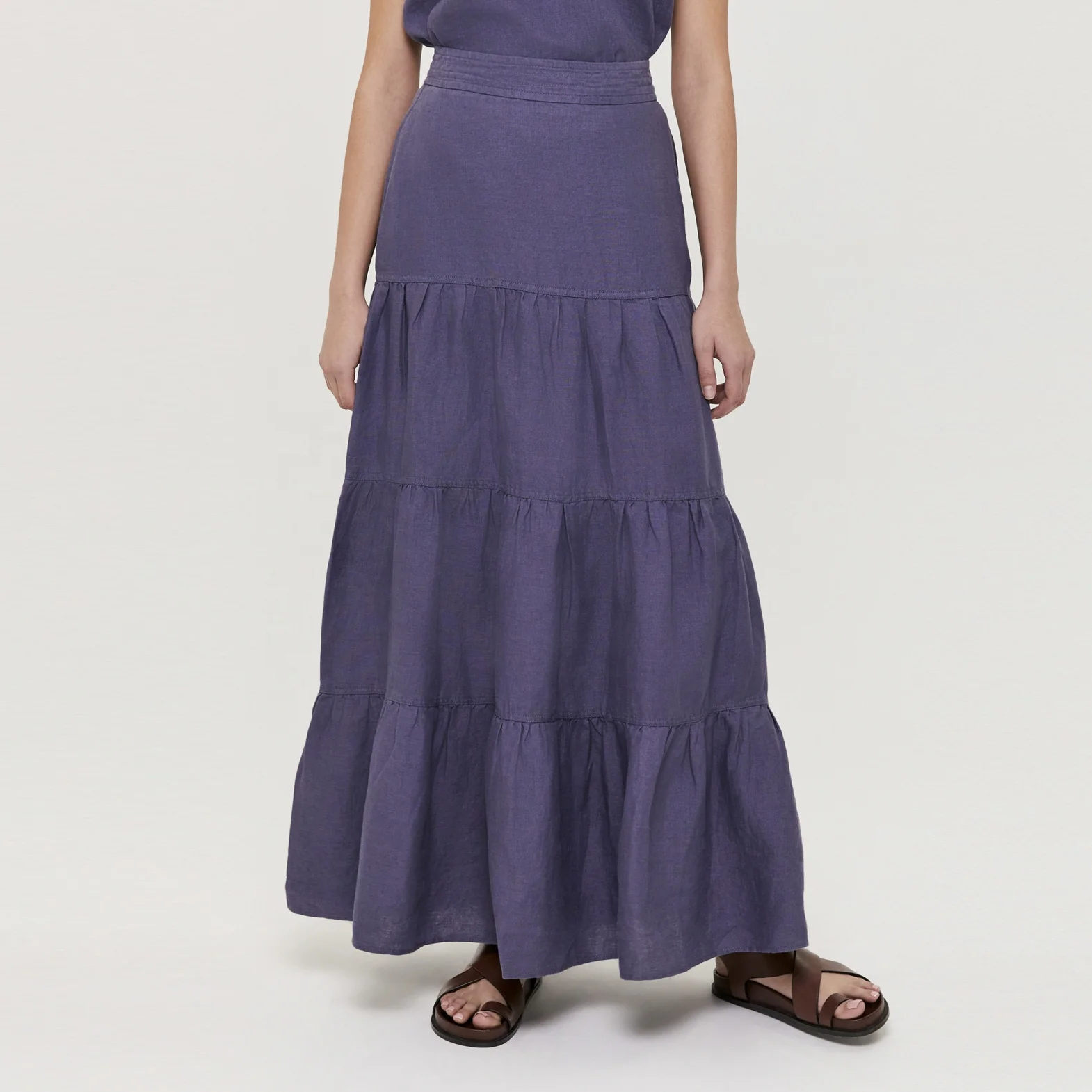 Custom High Waist Linen Ruffle Skirts A-Line Red Maxi Long Skirt For Women