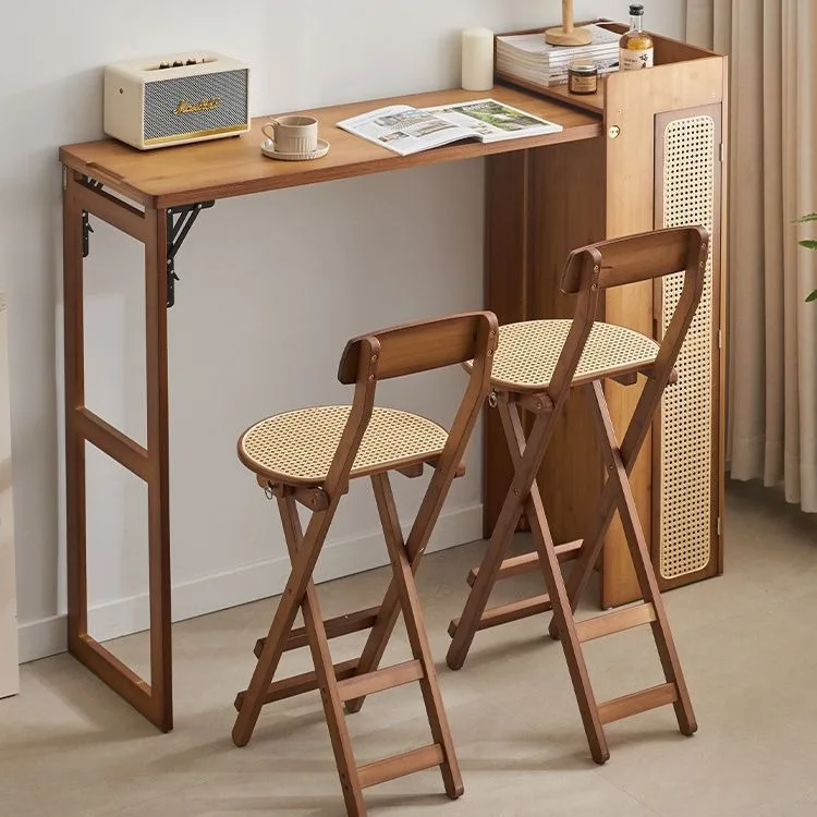 Bar Table Retractable Sideboard Cabinet Home Partition Multi-Functional Dining Table Bamboo Platform with Storage Cabinet