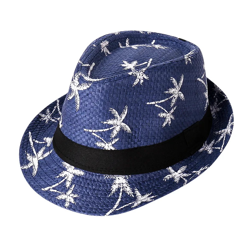 Beach Coconut Palm Printed Fedora Straw Hat for Men Boys Sun Protection Printing Summer Jazz Hat
