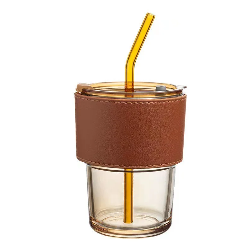 400ml-450ml custom Reusable milk tea glass coffee cup with leather sleeve lid and straw Coffee bottle drop shipping