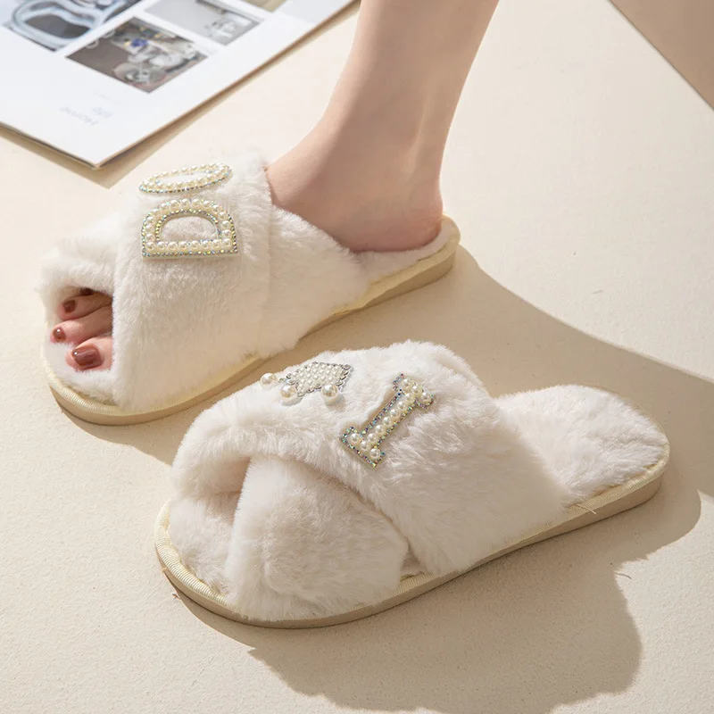 Heart Love Fluffy Fur Slippers Women Warm Open Toe Plush Memory Foam Ido Slide Slippers Home 2023 Winter Indoor Shoes