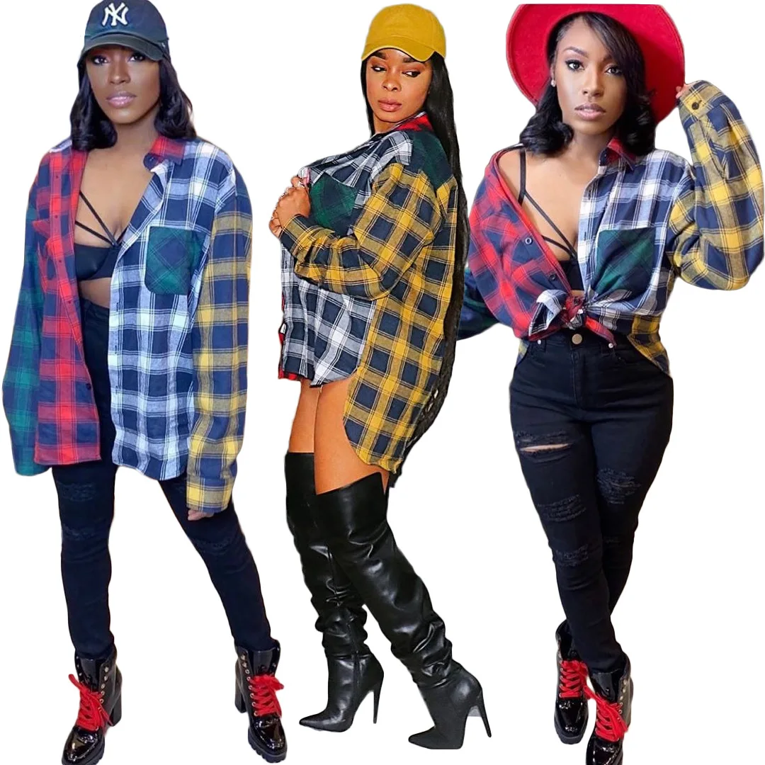 Fashion Top Jacket Casual Plaid Shirt Jacket Multiple Colors Stitching Plaid Shirt
