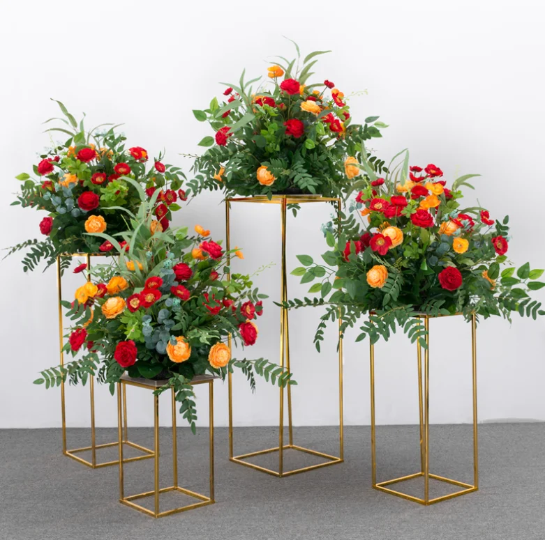 Gold Rectangular Flower Display Rack Vase Column Stand Road Lead Geometric Centerpiece Vase Column Vases Wedding Centerpieces
