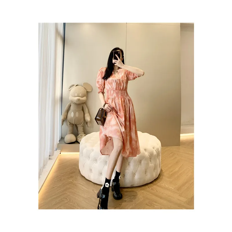 Popular  Elegant short Sleeve long dress Custom V Neck  woven Casual Dresses with smocking on waist