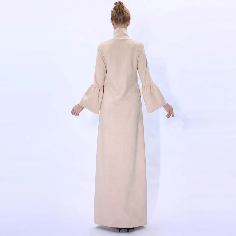 2024 New Design Autumn Winter Wear Plain Color Stand Collar Flare Sleeve Suede Turkish Abaya Modest Dress for Islamic
