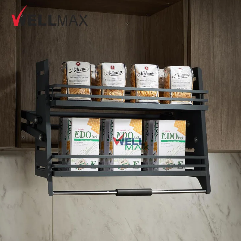 WELLMAX High Quality Modern Pull Down Kitchen Cabinet Storage Shelves Elevator Lifting Pull Basket