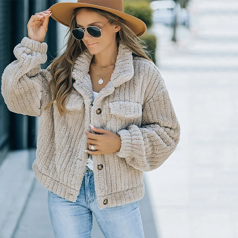 Hot Sale Casual Fashion Solid Color Fleece Button Up Women Winter Coats For Ladies