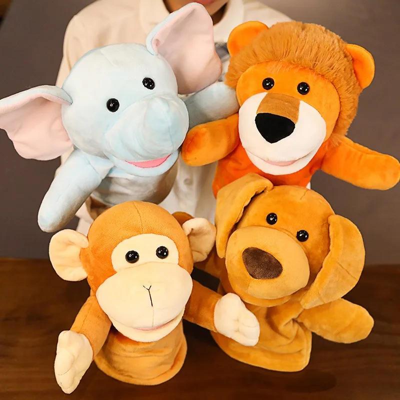 Wholesale Custom OEM 25cm Stuffed Animal Plush Elephant Lion Tiger Monkey Fox Pig Frog Wolf Raven Hand Puppet Doll
