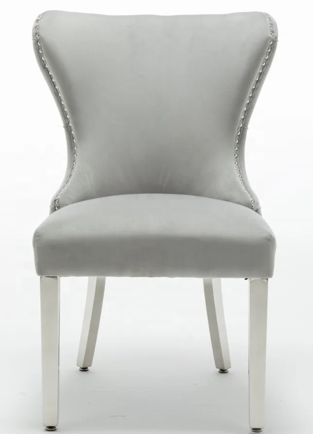 
Grey color back with buttons decoration studs around velvet fabric with stainless metal legs dining chair 