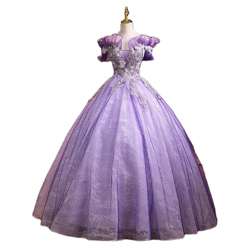 Purple Fashion Floral Appliques Evening Ball Gown Dresses For Women Wedding Birthday Party