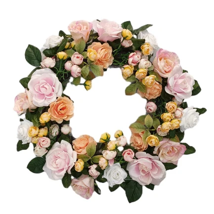 Senmasine artificial flowers rose peony mixed Greenery leaves spring flower wreath with ribbon bows front door hanging decor