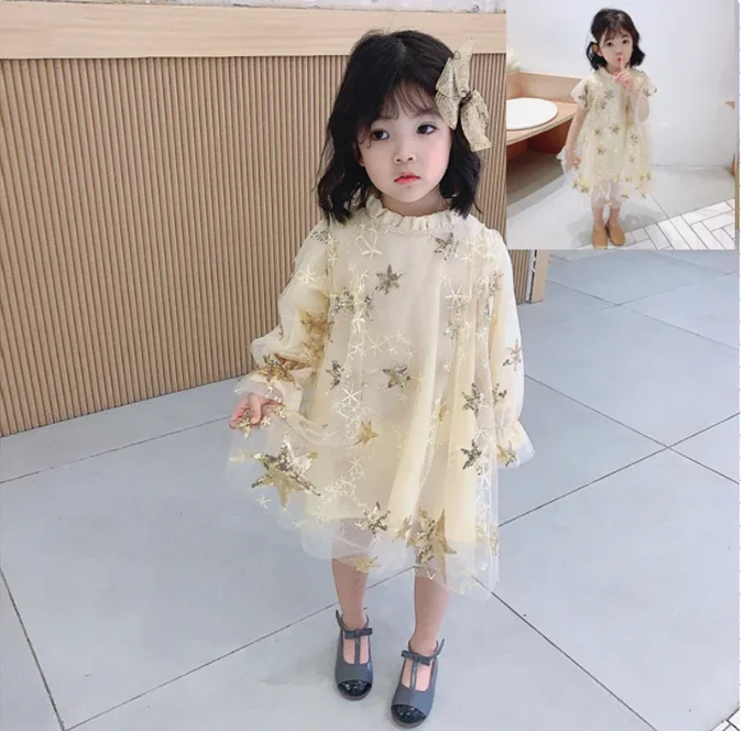 2024 New Autumn Korean Girls Long Sleeve Princess Dress Children Sequin Star Lace Party Dress