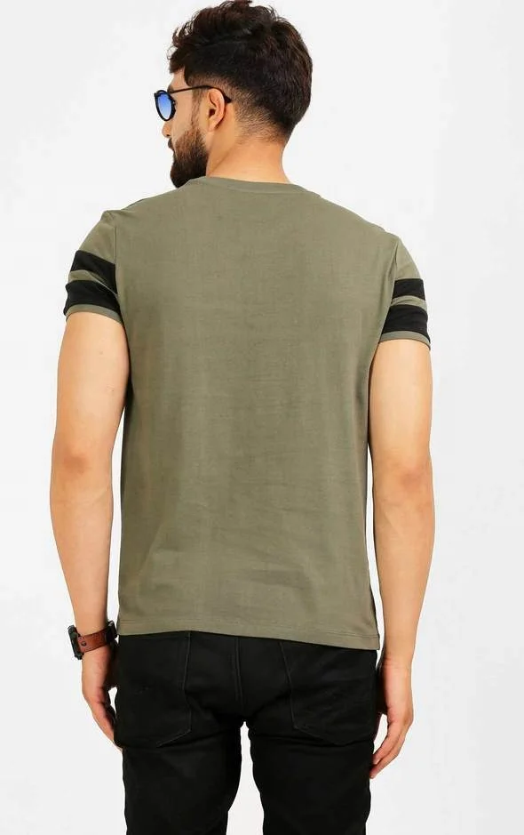 
Wholesale Direct Factory Sale Blank Custom Branded 100% Cotton khaki with black stripes Men T Shirt 