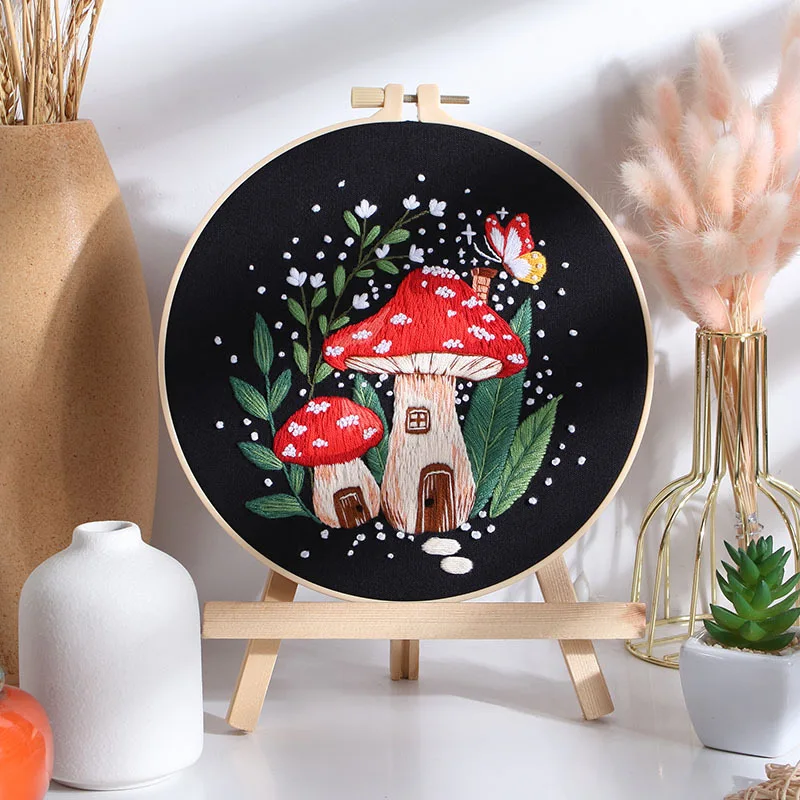 2024 New Design Mushroom House Hand started Embroidery kit for Beginners with Embroidery Hoop and Instructions