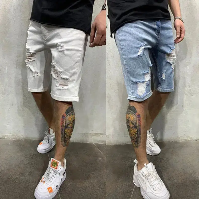 High Quality Men Cowboy Knee Length Men Fashion Ripped Jeans Short Pants Washed Denim Ripped Jeans Shorts