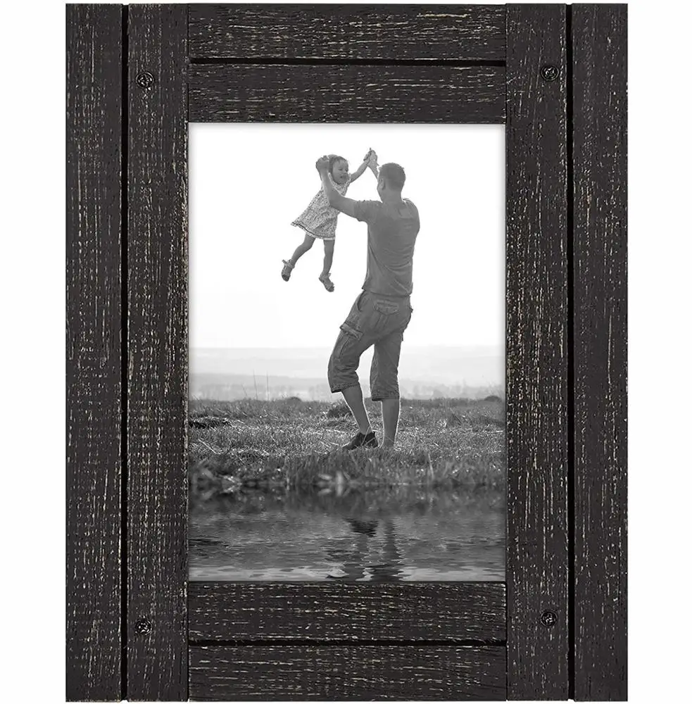 
5x7 Charcoal Black Distressed Wood Frame - Made to Display 5x7 Photos - Ready to Hang - Ready to Stand - Built-in Easel 
