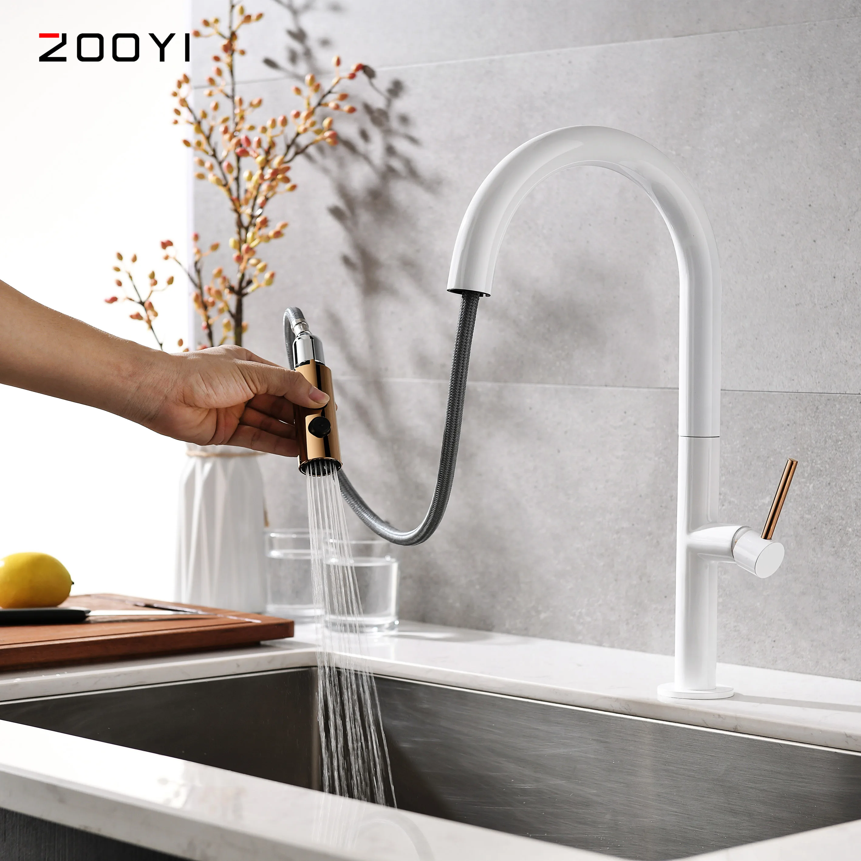 ZOOYI new designer white single handle brass pull out kitchen faucet sink with sprayer head