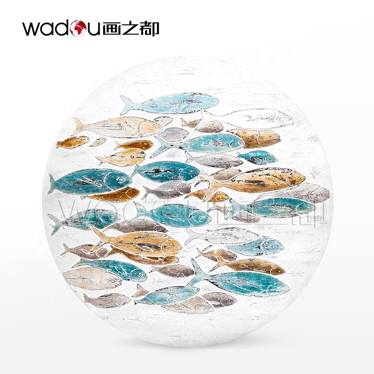 Premium Quality Original Artwork Round Shape Oil Paintings Art Fish Decorative Paintings For Living Room Wall