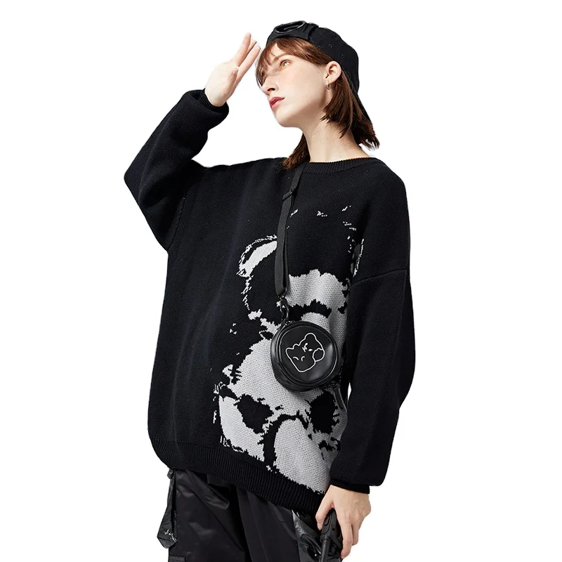 2020 Customizable Woman Long Sleeve Cute Bear Embroidered Pattern Knitted Casual Sweaters Pullover For Women