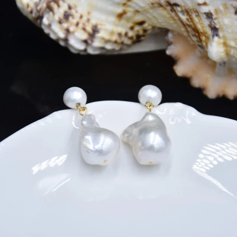 Aimgal fine jewelry 14-15mm natural baroque pearls earrings double-sided design S925 Ear pin