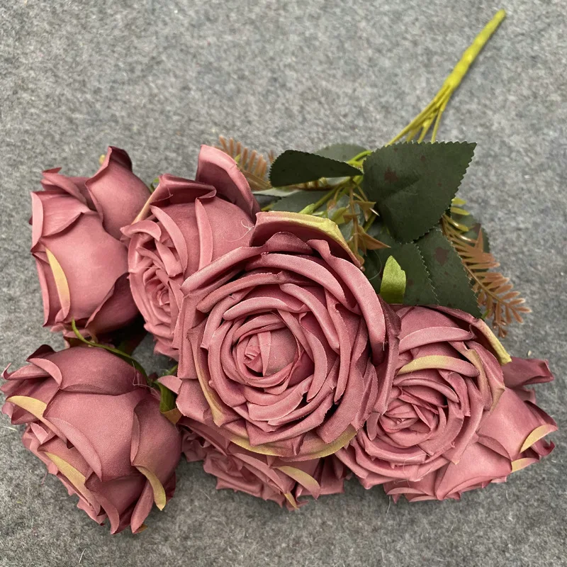 Wholesale Hot Sale Artificial Silk Dusty Rust Rose Flowers 7 heads For Wedding Decor Pink Autumn Color
