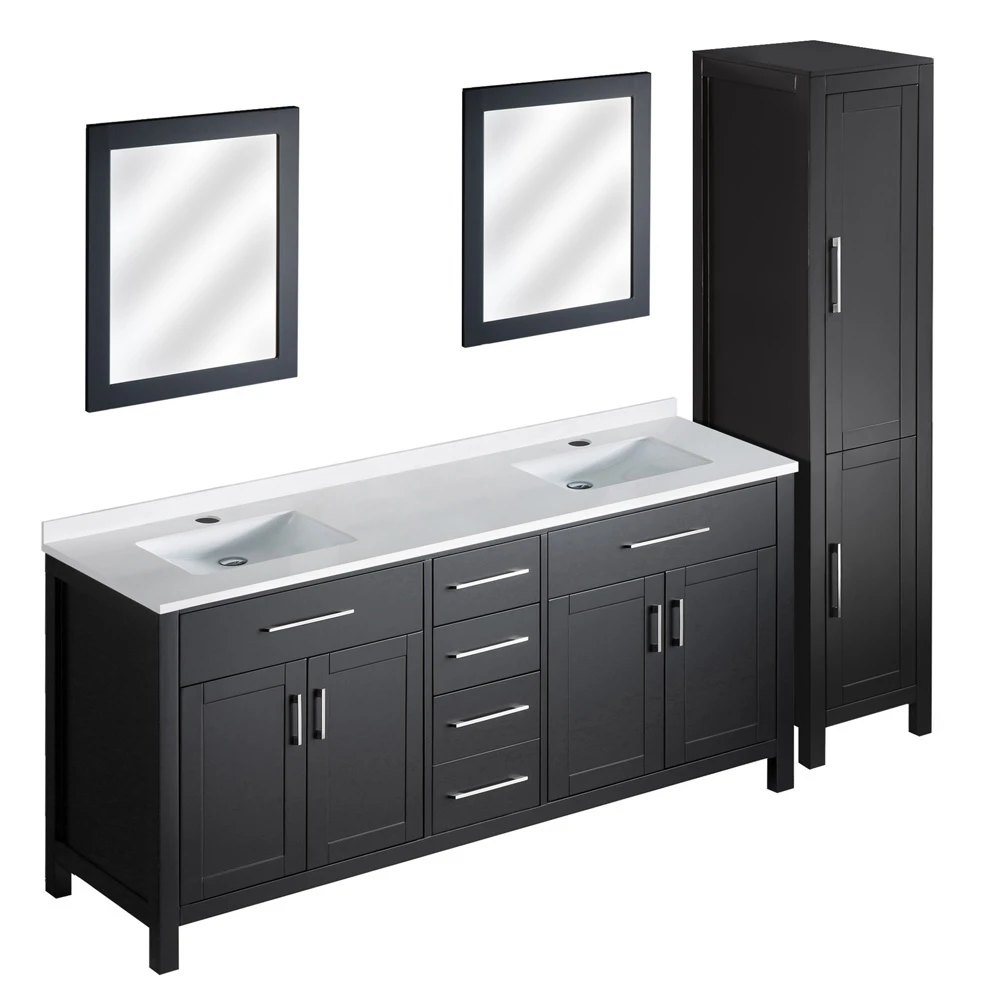 brown-black double-sink Bathroom Vanity Cabinet set with linen cabinet and 2 mirrors