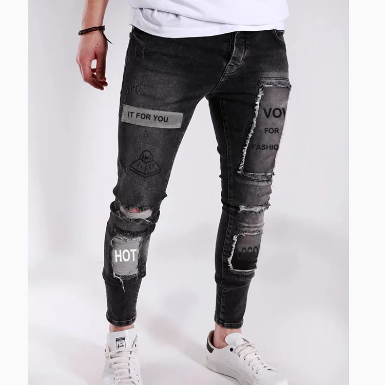 Fancy New Fashion Street Style Super Skinny With the Custom logo Printing Patch on the Hole Ripped Men Jeans