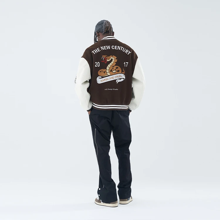 Varsity thick embroidery woolen quality brown college coat custom leather baseball factory bomber jackets for men