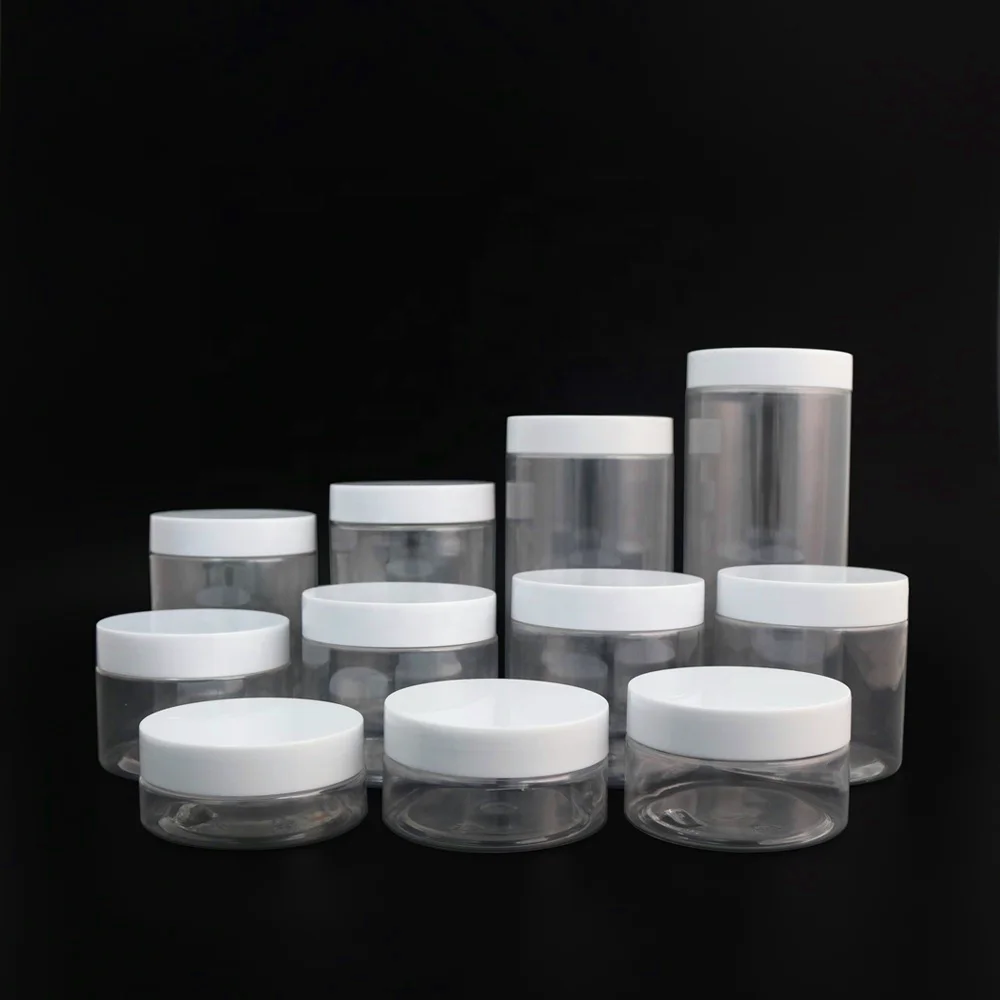 
1oz 2oz 3oz 4oz 5oz 6oz 7oz 8oz 10oz 12oz 16oz clear jars with white black clear plastic lids 