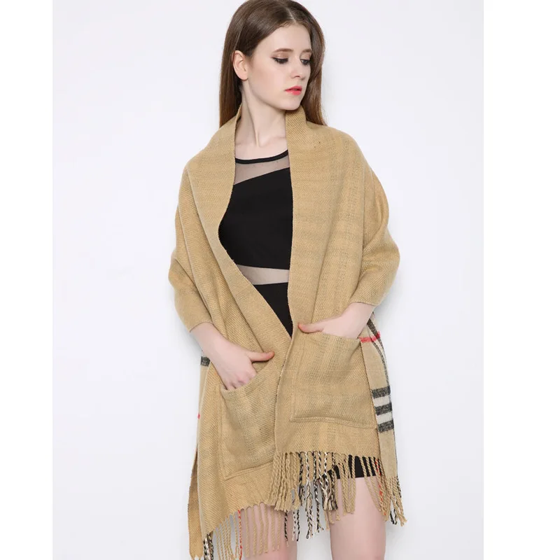 New Luxury Mink Cashmere Pocket Small Lattice Tassel Scarf Winter Warm Cloak Women Poncho Shawl