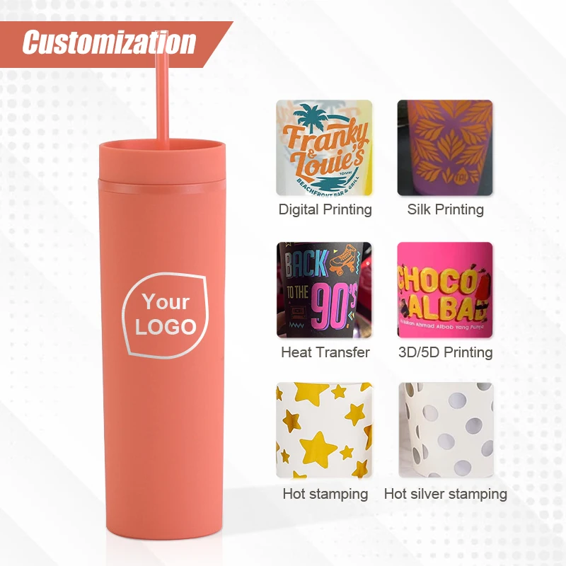 Promotion Gift 16 oz Doouble wall Plastic Cup Reusable Simple matte rubber paint 16oz skinny acrylic tumbler with lid and straw