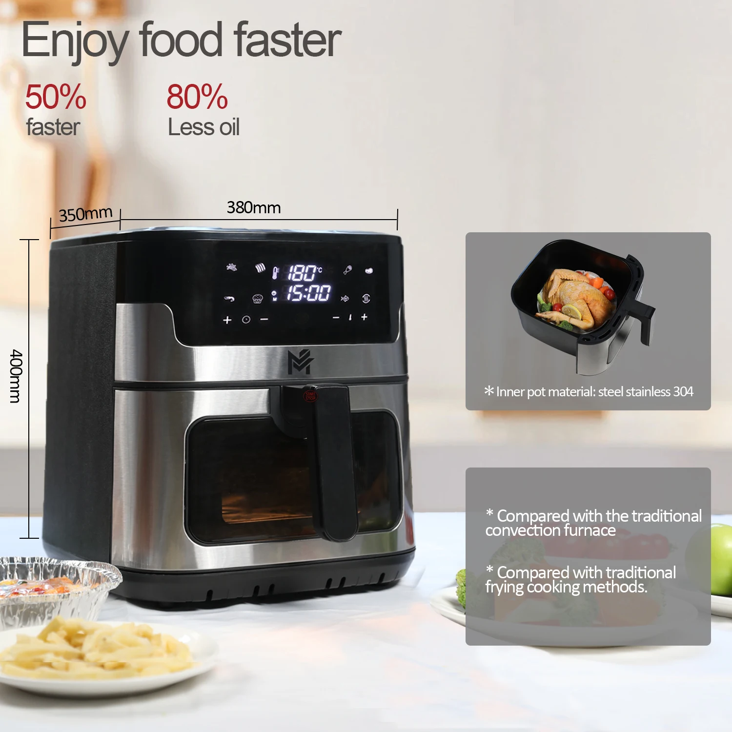 HUINING Factory Stainless Steel Smart Air Fryer Super Long Digital Display Home Use Only Deep Electric  Unique Screen