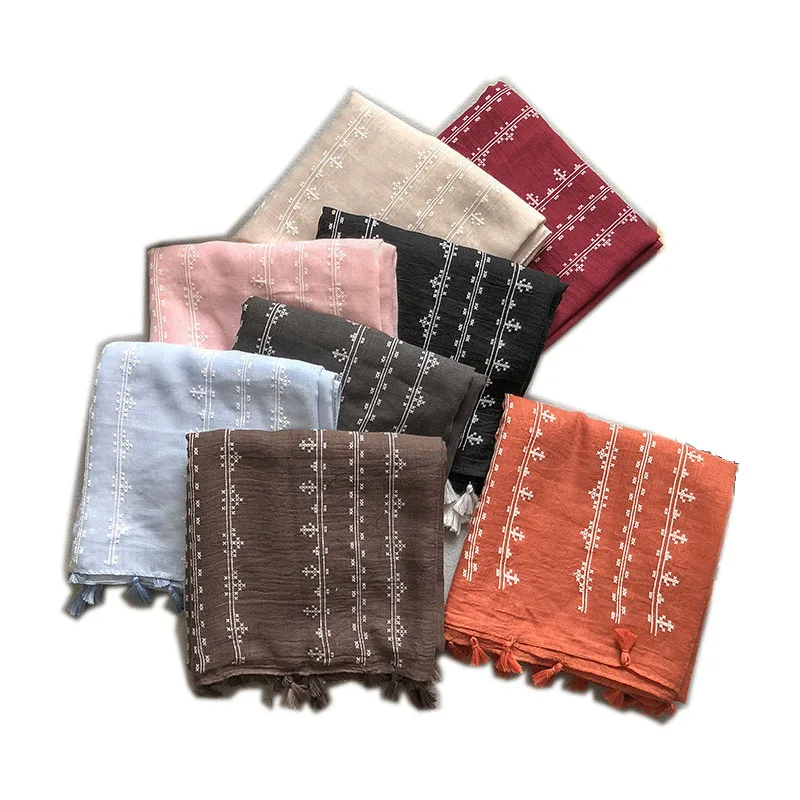 
2021 Wholesale Cotton Embroidery Women Muslim Scarf Hijab Shawl 